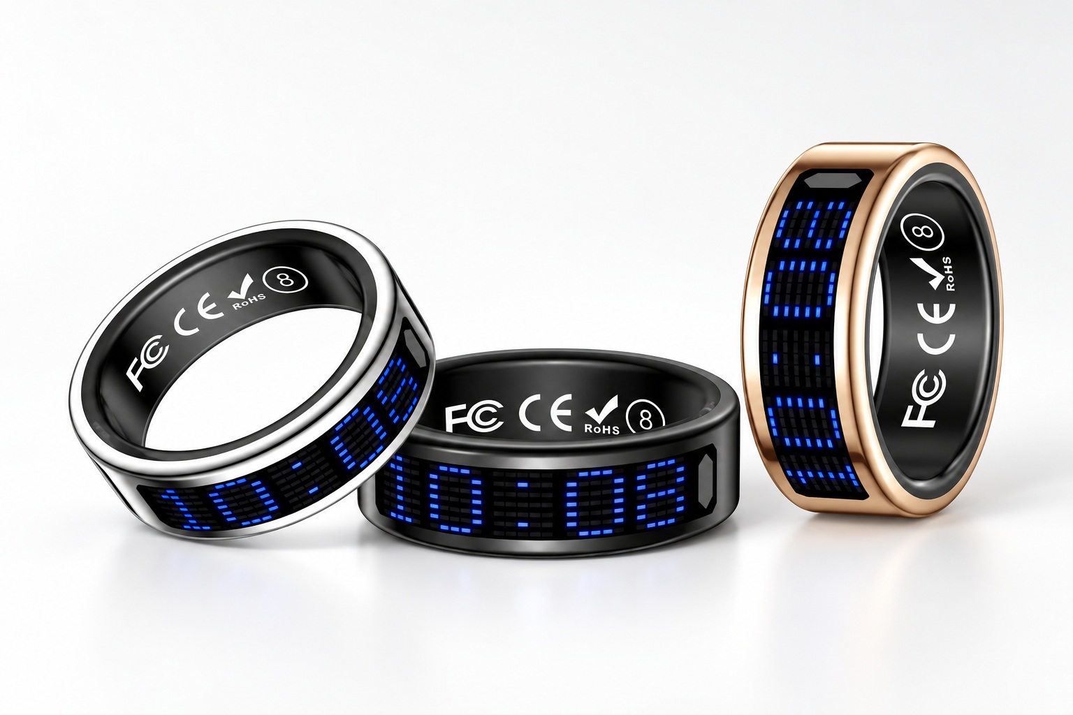 Three metaXring Glyph smart rings in silver, black and gold